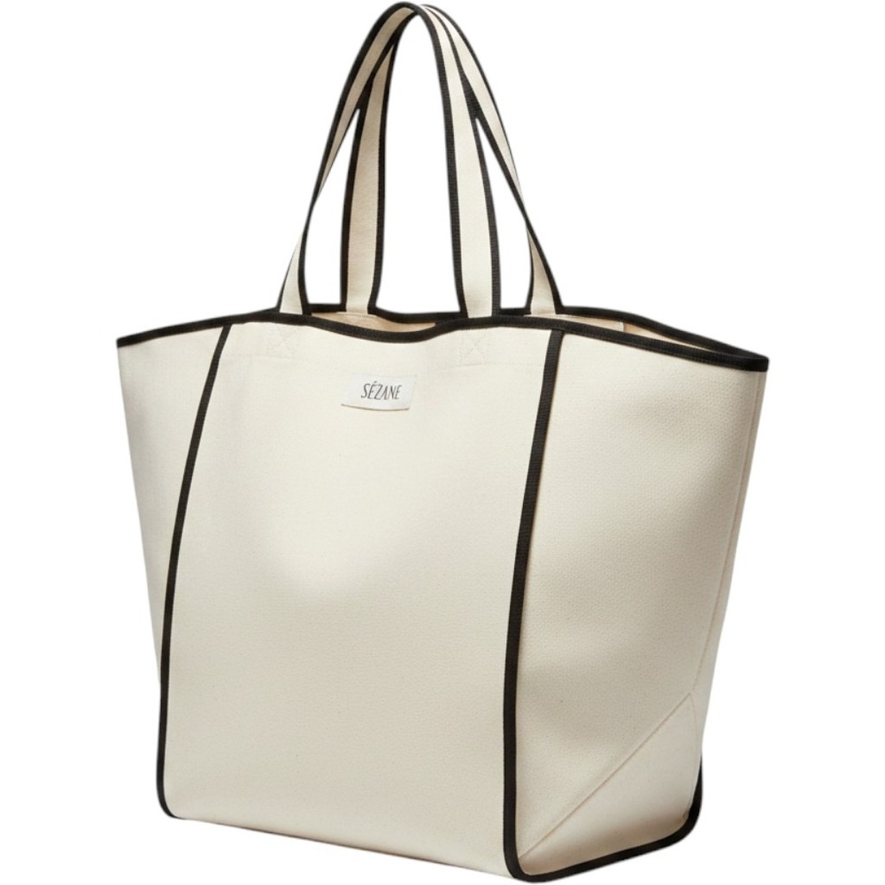 Sezane Canvas Tote Bag Cream Ecru Black Contrast Trim Oversized Shopper Bag
